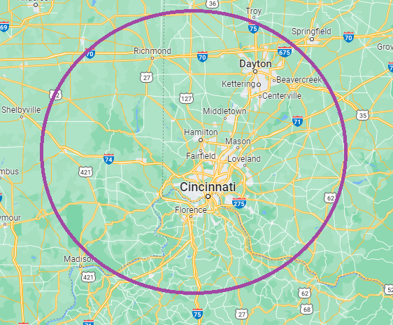 Map showing service area around Lawrenceburg, Indiana